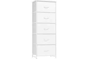 Nicehill Chest of Drawers, 5-Drawer Tall Dresser for Bedroom, Wood Top, Sturdy Steel Frame, Chest of Drawers for Closet, Hallway, White Leather
