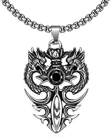 JVIVJ Stainless Steel Vantage Gothic Style Punk Pendant Necklace for Guys, 60 cm Round Link Chain (Double Dragon Sword)