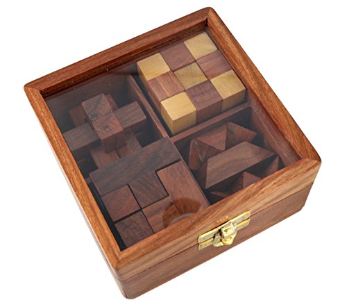 4-in-One Wooden Puzzle Games Set - 3D Puzzles for Teens and Adults - Includes Wood Interlocking Blocks, Diagonal Burr,Soma Cube and Snake Cube in Storage Box