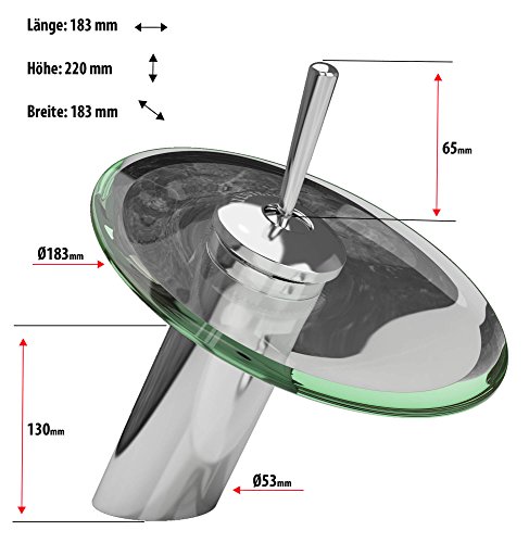 VILSTEIN© Waschtisch-Armatur Einhebelmischer Einhand Wasserhahn mit Wasserfall-Effekt Armatur für Bad Badezimmer Waschbecken, Verchromt, Glas-Auslauf, Hell-Grün, Standard Anschluss 1/2″ - 3