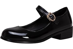 Lizoleor Femmes Bride Cheville Mary Jane Bout Rond Classique Cuir Verni Block Talons Moyen Escarpins
