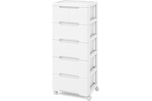 COSTWAY Chest of Drawers, 5/6/7-Drawer Dresser Storage Cabinet with Wheels, Modern Tall Freestanding Chest Cupboard Drawers Organiser Unit for Bedroom, Living Room, Closet and Hallway (White, 5-Tier)