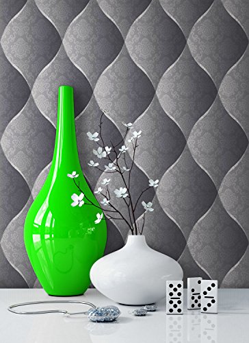 Tapete Edel Vinyl Anthrazit , schönes Floral Design und purer Luxus Effekt , moderne 3D Optik für Wohnzimmer,Schlafzimmer,Flur oder Küche inkl. Newroom Tapezier Ratgeber mit super Tipps!