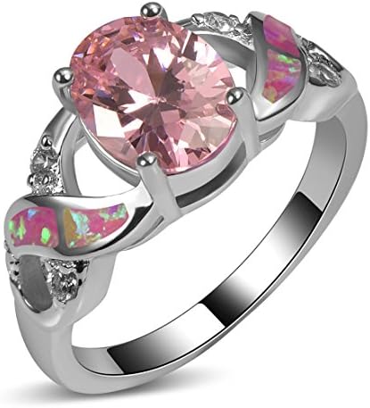 Weinuo Oval Pink Crystal Pink Fire Opal Zircon 925 Sterling Silver Engagement Wedding Party Ring Size V 1/2 AA252
