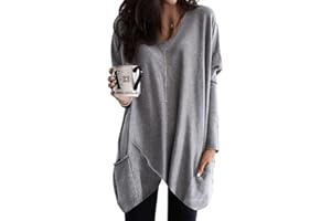 Minetom Langarmshirt Damen V-Ausschnitt Druck Lose Langarm Oberteile Oversize Lang Sweatshirt Tops Asymmetrisch Saum Jumper Pullover Mit Taschen