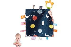 HECCEI Baby Tags Security Blankets - Baby Soothing Plush Blanket with Colorful Tags, Square Sensory Taggy, 10 x 10 inches, for 3-12 Months Babies
