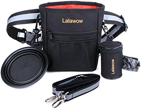 Lalawow Dog Treat Bag with Hook + Travel Pet Bowl + Waste Bag Dispenser with 15 bags + 2pcs Adjustable Reflective Straps