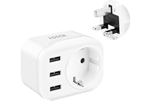 FDTEK Adattatore Presa Inglese 4 in 1 con 3 USB (Totale: 4A/20W), Spina 3250W Tipo G Europa da 2 Pin a UK 3 Pin per Londra,Irlanda,India,Hong Kong,Maldive