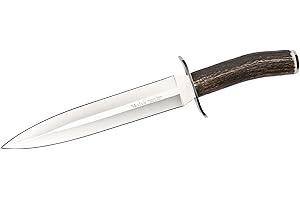 Muela Cuchillo de Caza Vikingo VIKINGO-23A con Hoja de Acero Inoxidable MoVa de 23 cm y empuñadura de asta de Ciervo de 13,5 cm para Caza, Pesca, Supervivencia y Bushcraft + Portabotellas de Regalo