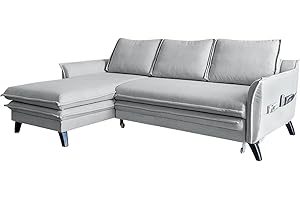 MIUFORM Ecksofa mit Schlaffunktion und Bettkasten | Charming Charlie Wohnlandschaft Mit Schlaffunktion Couch Schlafcouch Wohnzimmer Gästezimmer | Holzlfüße Boho-Stil (Hellgrau, Links ausgerichtet)