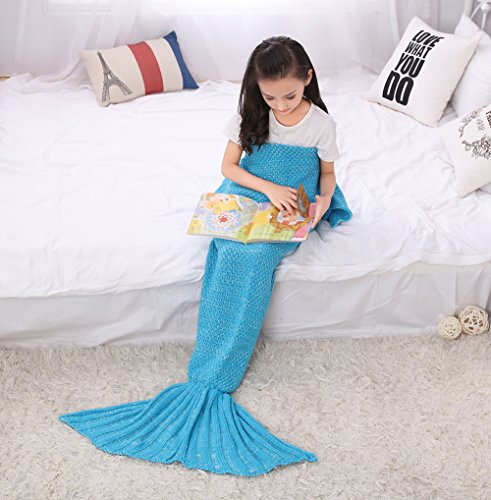 Mermaid Decke, AIGUMI All Seasons Mermaid Schwanz Schlafsack Decke, Häkeln Handwerk Warm Sofa Wohnzimmer Decke für Kinder (Himmelblau) - 3