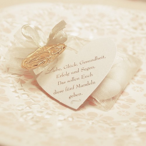 Geschenkanhänger „Hochzeitsmandel-Spruch“, herzförmig, 10 St. – Herz-Anhänger in weiß mit Spruch für Gastgeschenke mit Hochzeitsmandeln, für Hochzeit, Taufe, Konfirmation, Kommunion - 2