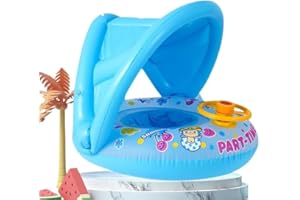 APTOFUN Bouée de sauvetage gonflable avec toit pare-soleil pour enfants jusqu'à 15 kg, couvercle amovible, volant pivotant avec klaxon, aide à la natation pour piscine et plage