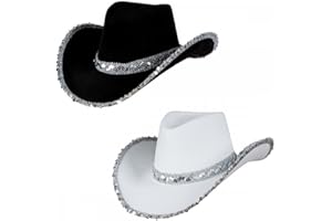 A2ZFD Pack of 2 x Texan Cowboy Hats (1 x White Sequin + 1 x Black Sequin) : Wild West Ladies Womens Cowgirl Hen Night Fancy Dress Accessory