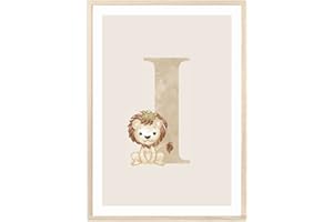 MeinBaby123® Poster con lettere, formato DIN A4, per cameretta dei bambini, decorazione per la cameretta dei bambini, idee regalo per la nascita, poster con lettera iniziale I (leone – I)