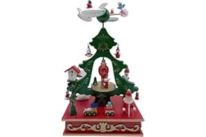 Glac Store Carillon Giostrina Albero di Natale Baule in Legno Musica Natalizia Senza Batterie Accessori Decorativi Atmosfera Magica per Natale - Regalo per Bambini ed Adulti (Con Aerei)