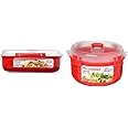 Sistema Rectangle Microwave Container | 1.25 L | BPA-Free | Red/Clear & Microwave Round Bowl | Microwave Food Container | 915 ml | BPA-Free | Red/Clear