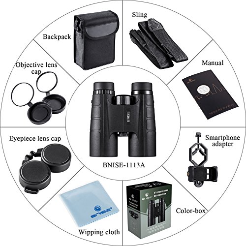 BNISE Binocolo Professionale, Compatto 10x42 HD, Prisma BaK4 FMC con Lenti Completamente Multistrato, Adatto Viaggi All'aperto, Bird Watching, Da Teatro, Caccia e Concerti, Adattatore per Smartphone