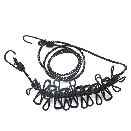 Sumbest Flexible Wäscheleine mit 12 beschichteten Klammern,180-360cm, Super Praktisch auch für Reise Urlaub Outdoor Camping (schwarz) - 3