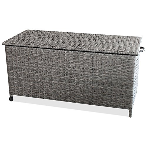 WOHAGA® Auflagenbox Kissenbox Gartenbox Gartentruhe Aufbewahrungsbox Aufbewahrungskiste Kissentruhe - Rollbar, Gasdruckfeder, 134x56xH65cm, Poly Rattan, Grau