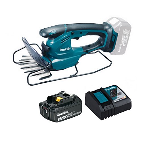 Preisvergleich Produktbild Makita Akku-Grasschere DUM168Z 18 V + Akku BL1830B 3,0Ah 18V + Ladegerät DC18RC - beidseitig geschliffenes Messer + umlaufendem Schutzbügel + rostfreies Scherblatt