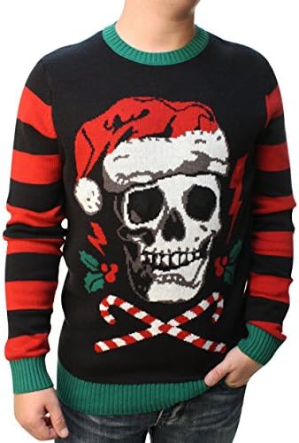 Ugly Christmas Sweater Men's Skull Santa Hat Light Up Pullover Sweatshirt-XL