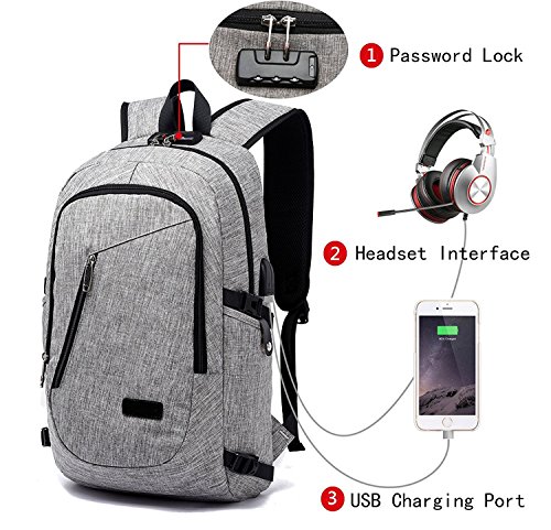 Lmeison Laptop-Rucksack mit USB-Ladeanschluss und Anti-Diebstahl Lock 12-16 Zoll Laptoptasche Wasserdichte Schulrucksack Unisex Daypack     Grau