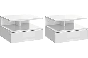 HOMCOM Set da 2 Comodini Sospesi da Camera da Letto, Comodini da Camera da Letto Moderni, con Cassetto e Mensola Superiore in Legno, 35x32x22.5cm, Bianco Lucido