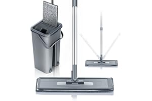 NEWTY Mopa Cubo Escurridor Fregona Plana Drenaje Compartimento Doble Escurre Fácil 6 Almohadillas para Limpieza Suelos Azulejos Tarima Madera Mango Ergonómico Atrapa Polvo Ventanas Mop Bucket Set Trapeador