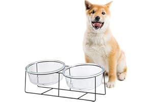 AHX Gamelle Chien Chat - Gamelle Chien Surelevee et Inclinée avec Support - Gamelle pour Chien Moyen | Gros Chat - Double Bol en Verre pour Eau et Nourriture - 850ml×2