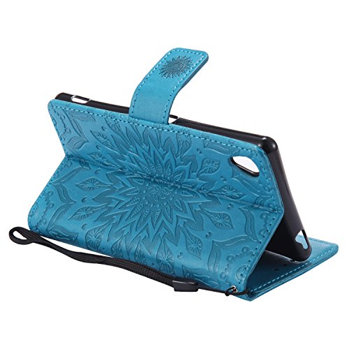 Sony Xperia M4 Hülle,Sony Xperia M4 Leder Sonnenblumen Hülle,Sony Xperia M4 Lanyard Wallet Schutzhülle,BONROY® Retro geprägte Sonnenblumen Muster PU Leder Flip Hülle Wallet Case Tasche Cover Handytasche Schutzhülle Lederhülle Handyhülle in Book Style Stand Case mit Kredit Kartenschlitz für Sony Xperia M4-blau - 6