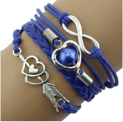 SheClub® Wax Rope Braided Navy Blue Bracelet, Infinity/ Infinity Wish / Love Heart with Navy Blue Pearl Bead/ Friendship Bracelet / Wax Cord Rope Bracelets