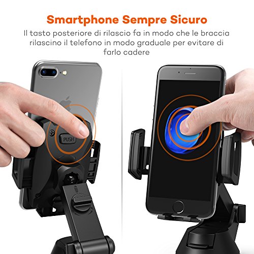 Supporto Auto Smartphone TaoTronics Porta Cellulare Auto con Tasto Posteriore di Rilascio Automatico, Supporto per Auto (Base Retrattile e Regolabile, Perno Regolatore Aggiustabile, Ventosa Larga e Piatta, 3 Modi per Regolare, Compatibile con iPhone, Galaxy e gli Smartphone PiÃ¹ Comuni) per iPhone 7 / 6 / 6s / 5s / 5 , Galaxy Note 8 / S8, HUAWEI, Xiaomi, One Plus ecc