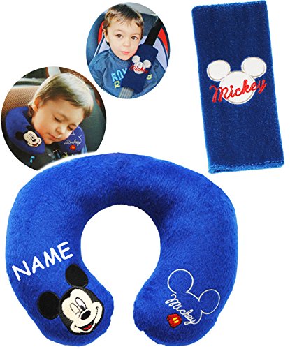 2 tlg. Set _ Nackenkissen / Nackenrolle & Gurtpolster __ “ Disney Mickey Mouse “ – Kissen für Auto / Gurtschoner – Kindersitz – Reisekissen / Reisehörnchen – z.B. Flugzeug / Auto – Zugfahrt – Nacken – Nackenhörnchen / Jungen Mädchen – Maus Mäuse / Playhouse Plüschkissen – für Kinder & Erwachsene – Jugendliche – Nackenstützkissen Nackenstütze / Babyschale – Nackenpolster – Autoset - 3