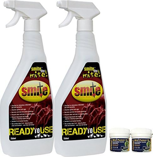 SMITE RED MITE DEGREASER DISINFECTANT SPRAY POULTRY 2 X 750ML AND 2 X FUMERS FOR CHICKEN COOP HOUSE AVIARIES CAGES