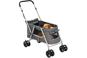 FENLAX Cochecito plegable gris de tela de lino 100 x 49 x 96 cm para perros pequeños, carrito para gatos, carrito para exteriores, carrito para perros y otros animales domésticos