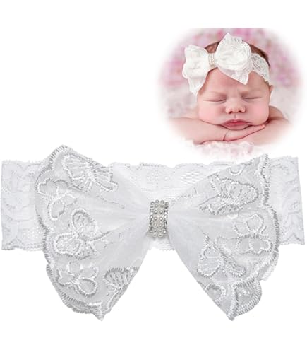 FMYODWU Bandeau Blanc En Perles Pour Bébé, Bandeau De Baptême Pour Bébé Fille, Bandeau élastique Pour Fille, Bandeau élastique En Nylon Pour Fille, Bébé, Fille, Enfant En Bas âge, (blanc