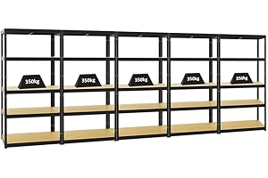 PROREGAL Mega Deal 5X Étagère Charge Lourde Slim Elephant S | HxLxP 180x90x45cm | 5 Niveaux | 350kg par Niveau | Noir | Lot d'étagères Robustes de Garage, Atelier, Cave, sous-Sol, Stockage, Rangement