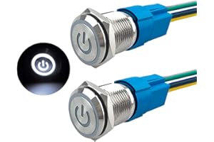 Aiqeer 2 Stück 16 mm Rastend Druckschalter, 12V / 24V 5A Auto Zündung Starter Schalter, IP67 Wasserdichter Edelstahl Druckschalter, mit Vorverdrahteter Steckdose (Weiß LED)