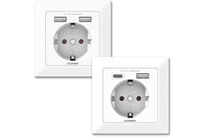 UCOMEN Lot de 2 prises Schuko USB 2,8 A - Prise murale 250 V avec 2 USB de type A et Type C - Chargement de tous les appareils mobiles - Compatible avec prise encastrée standard - Blanc