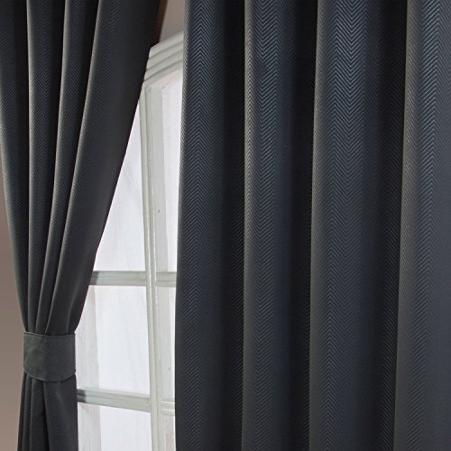Homescapes Black Eyelet Ring Top Blackout Thermal Curtains Pair Width 45 x 54 Inch Drop Herringbone Chevron Textured Retro Geometric Design. FREE SWATCHES.