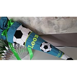 #110 Fussball Petrol neon neongelb Schultüte Stoff + Papprohling + als Kissen verwendbar
