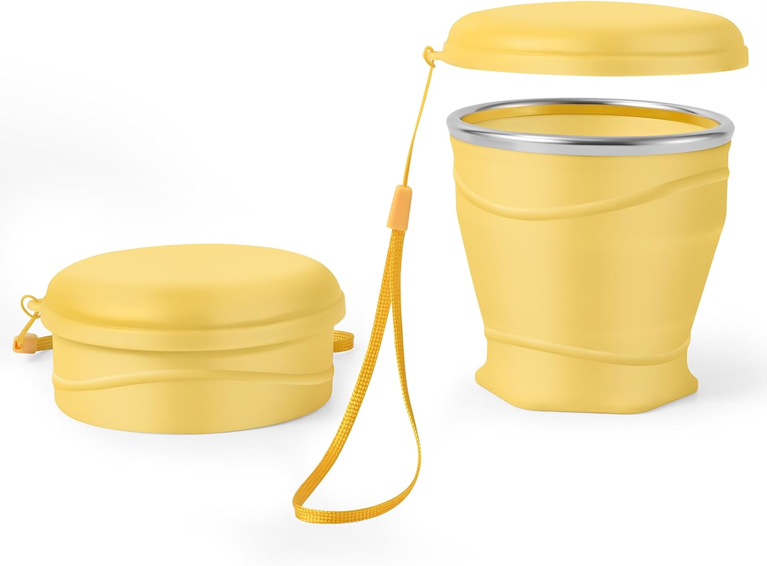 Bidponds 8.8oz/260ml Collapsible Silicone Cup with Lid,BPA-Free,304 Stainless Steel Rim,Portable Cup for Travel,Camping, Hiking,Outdoor Sports (Yellow)