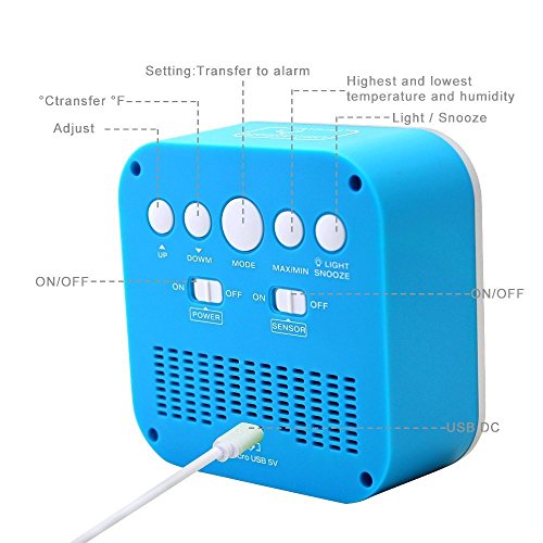 Schlafzimmer Wecker, samshow wiederaufladbar Wecker mit 12H oder 24h/Temperatur (C/F)/Luftfeuchtigkeit/Woche Display, Schlummerfunktion/Smart Nachtlicht Funktion blau - 3
