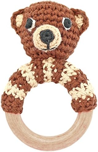 Sindibaba 12181 Organic Bear Rattle on Wooden Grasp Ring, 10 cm, Brown