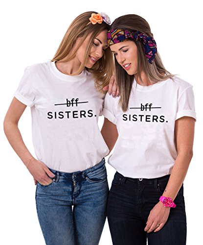 Mejores Amigas Camiseta BFF T-Shirt Best Friend 100% Algodón 2Piezas Impresión Sisters Camisa con Manga Corta Para Mujer Hermana(Blanco+Blanco,S+S)