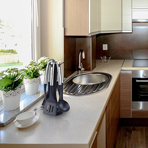 NexGadget Kochenset Kitchen Starter-Set 7-Stücke Sets von Kochgeschirr mit Edelstahl und Nylon Kochen Tools einschließlich Löffel Schlitzlöffel Spaghettiheber Schöpflöffel Pfannenwender Schneebesen und Sockel - 7