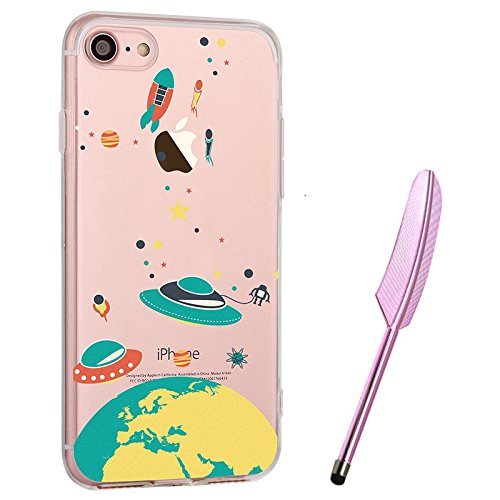 iPhone 7 Hülle (4,7zoll), Edaroo Essen Obst Blumen Cartoon Tiere Muster TPU Silikon Schutz Handy Hülle Handytasche HandyHülle Etui Schale Schutzhülle Case Cover Tasche Etui für Apple iPhone 7 (4,7 zoll) mit Stylus - Lustige Amüsante Cartoon UFO Rocket Erde