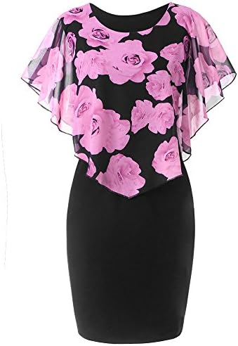 Mosstars - Women dress,Ladies Sale Casual Chiffon Rose Print Oversized Mini Dress Fashion O-Neck Stretchy Ruffles Tunic Dresses Plus Size Black