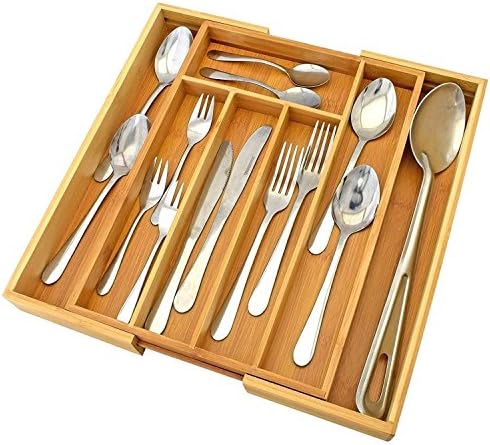 Adjustable Bamboo Tray, Extendible, with 5 to 7 Compartments, Drawer Insert, Spoon Knifes Forks Chopsticks Holder Utensil Storage for Home Kitchen Accessories (Single)
